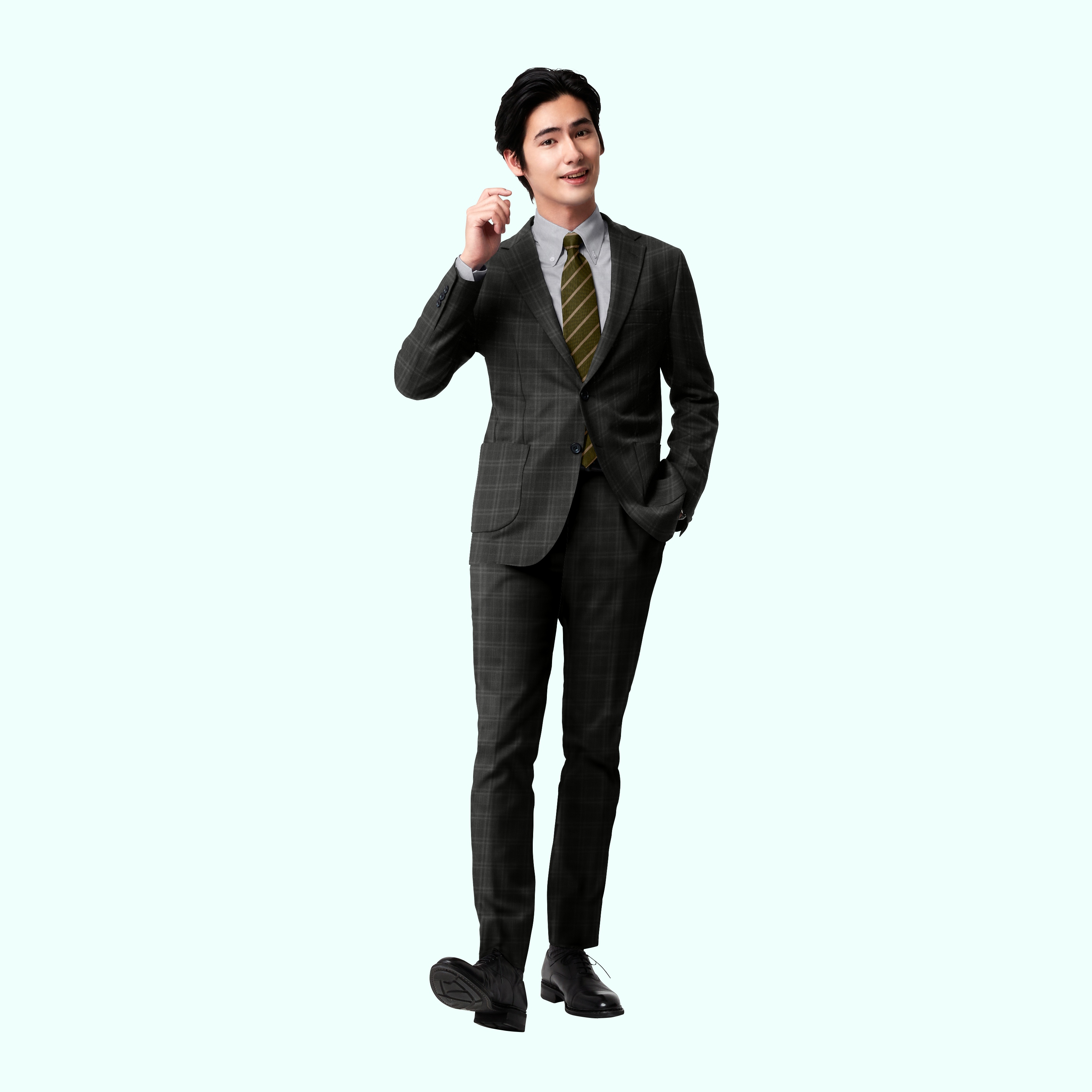 ダークグレーチェックスーツ×グレーシャツのワントーンフォーマルスタイル