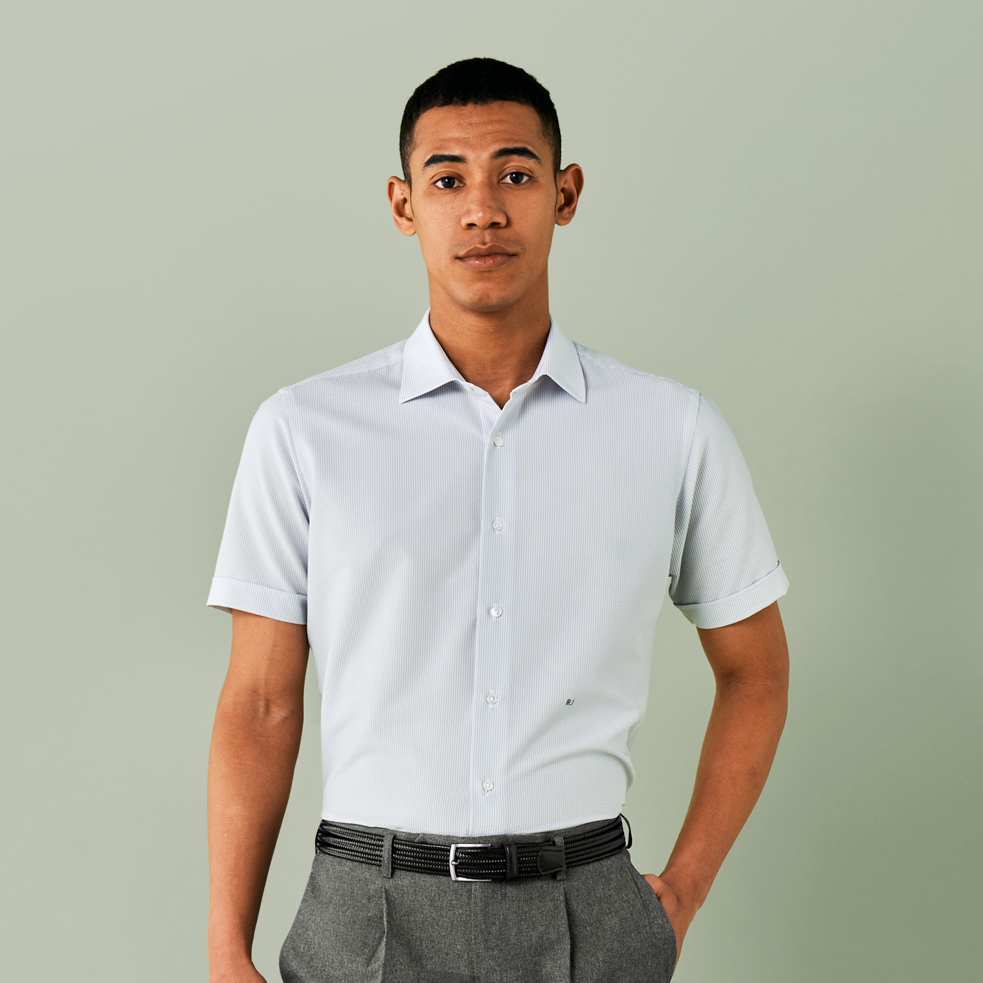 COOLMAX STRETCH SEERSUCKER ネイビーストライプ半袖シャツ