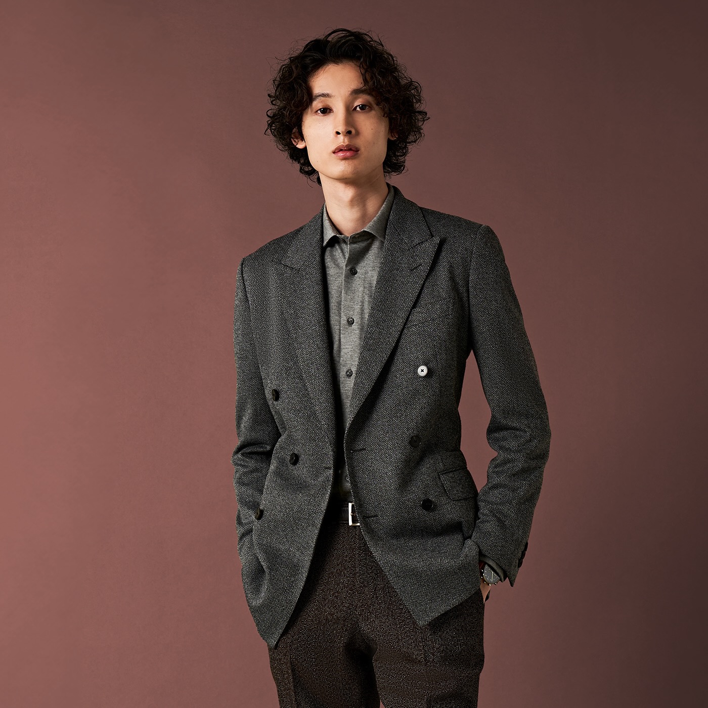 TECH TWEED JERSEY グレーヘリンボーンビジネスカジュアル