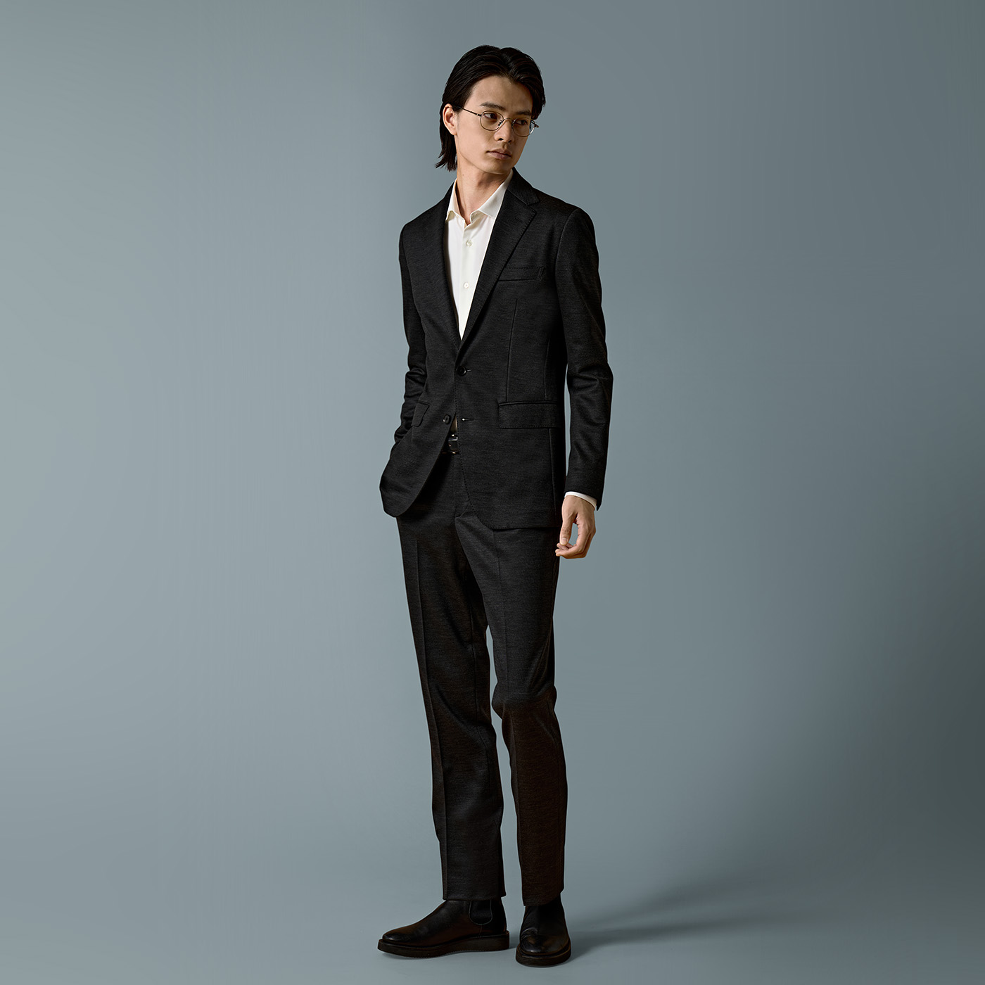 PREMIER JERSEY WOOL ブラック無地ビジネスカジュアルセットアップ 