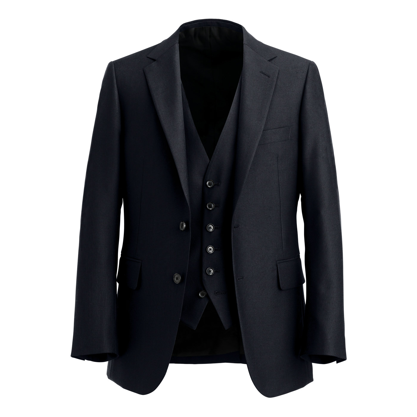 COOLMAX WOOL ダークネイビー平織り無地スリーピーススーツ