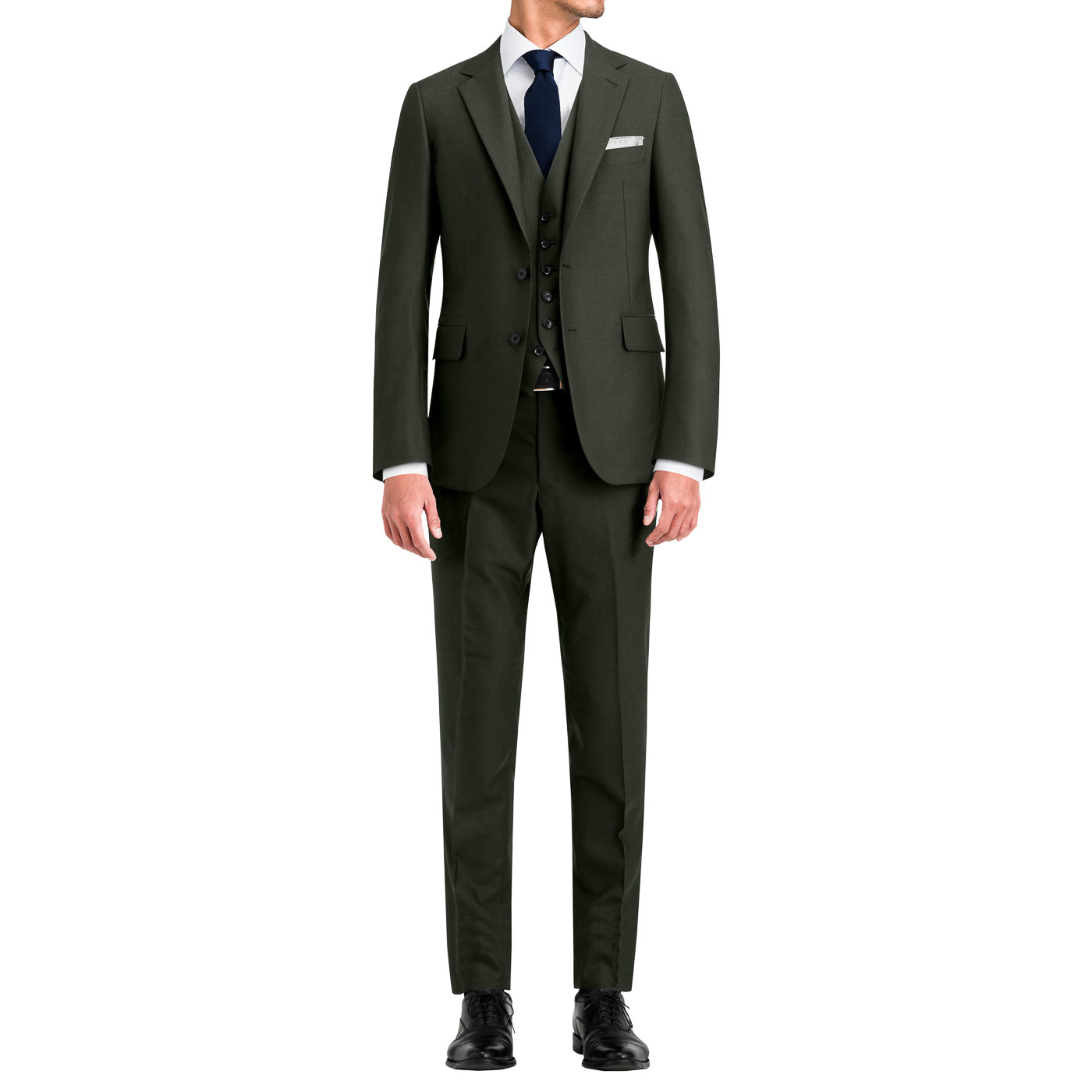 FLX WOOL WASHABLE モスグリーン平織り無地スリーピーススーツ